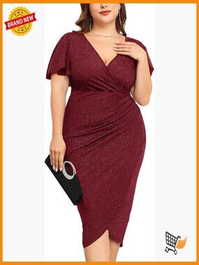 Plus Size Sparkly Ruched Bodycon Midi Dress Wrap V-Neck Ruffle Sleeve Cocktail